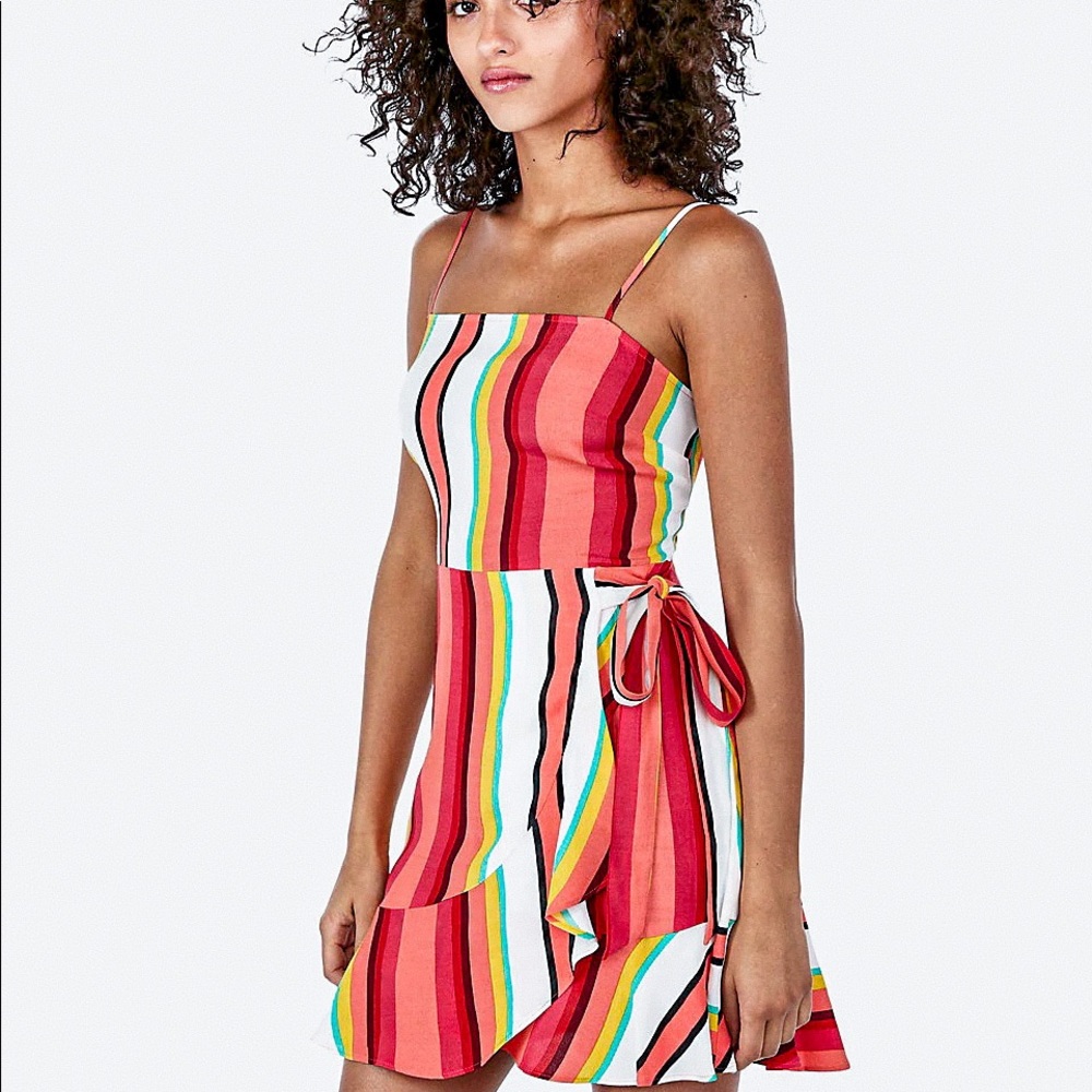 STRIPED SQUARE NECK RUFFLE WRAP MINI DRESS